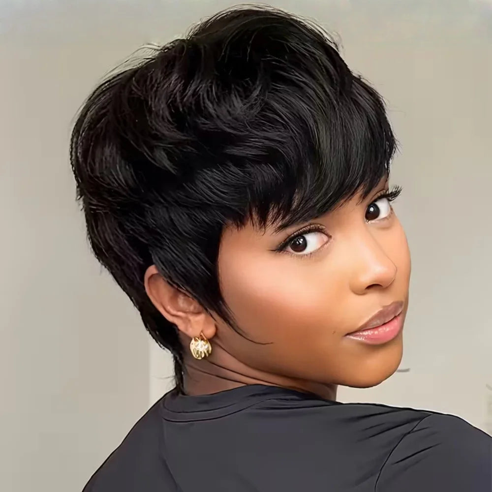 Natural-Look Short Pixie Cut Human Hair Wig – Full Machine-Made