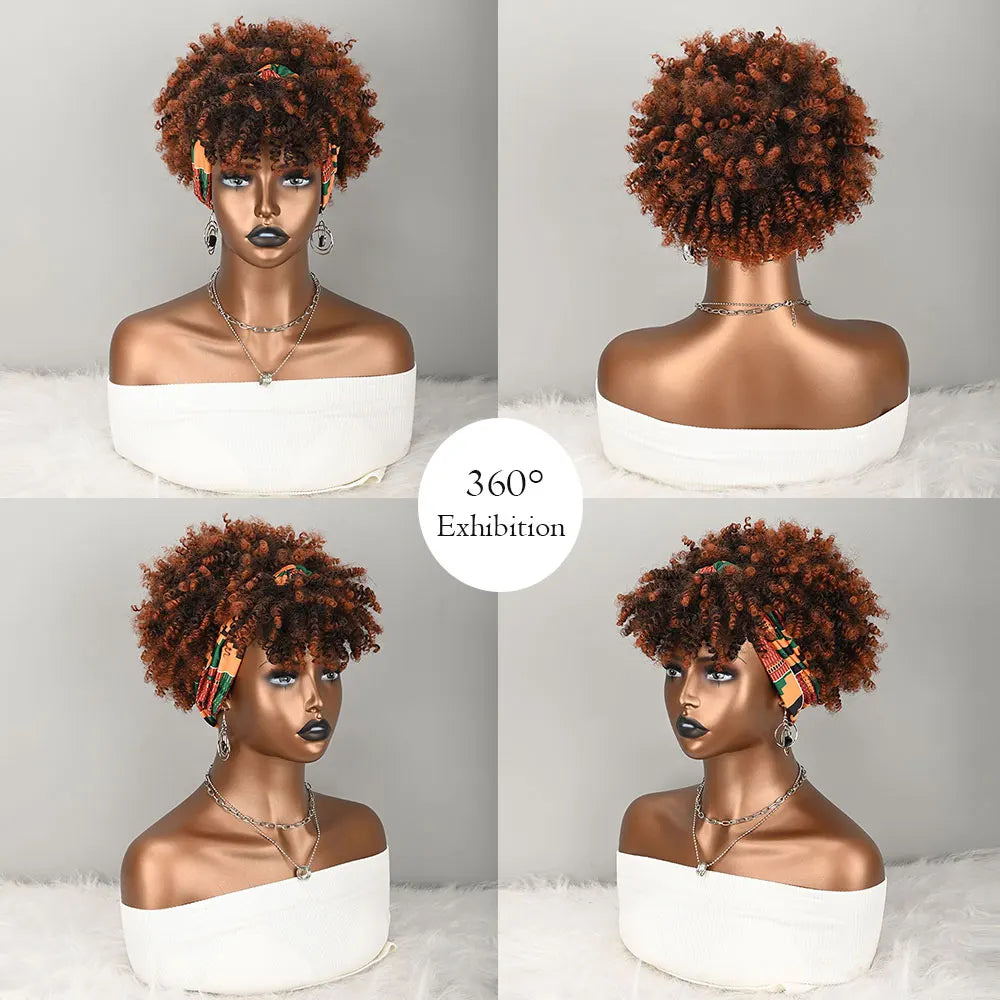 Perruque Courte Bouclée Afro Synthétique avec Bandeau pour Femmes Ombré Brun Crépue Bouclée Perruque avec Écharpe Imprimée Perruque sans Colle et sans Lacet Facile