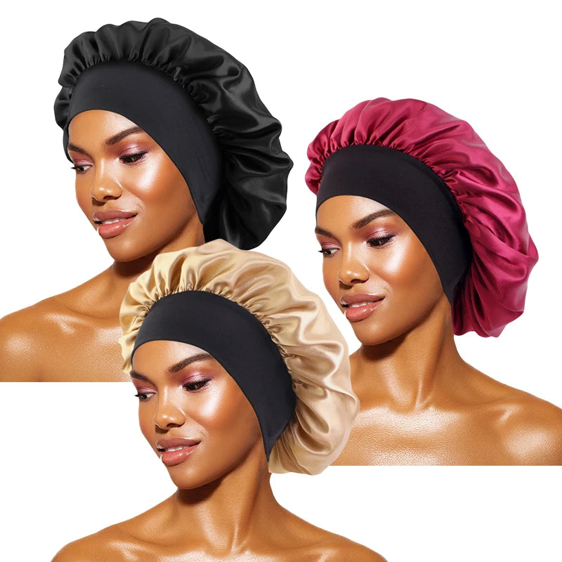 Gorros de satén lisos para mujer, con ala ancha, para dormir, bañarse, gorro unisex, con banda elástica, para el cuidado del cabello