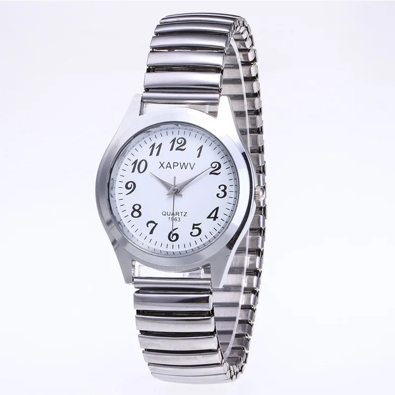 Relojes de pulsera para hombre y mujer, correa de acero inoxidable, aleación, para amantes, movimiento de cuarzo, correa elástica