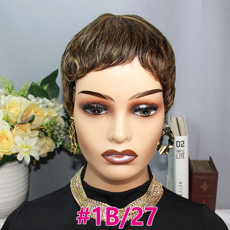 Pixie Cut Human Hair Wigs Short Wigs for Women Color 30 Layered Pixie Wig With Bangs Blonde Full Machine Made Wig On Sale