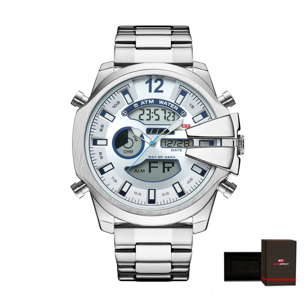 KAT-WACH Men Big Dial Wrist Watches Gold Top Brand Luxury Male Clock 2024 Gold Black Quartz Dual Display Chronograph Dropship