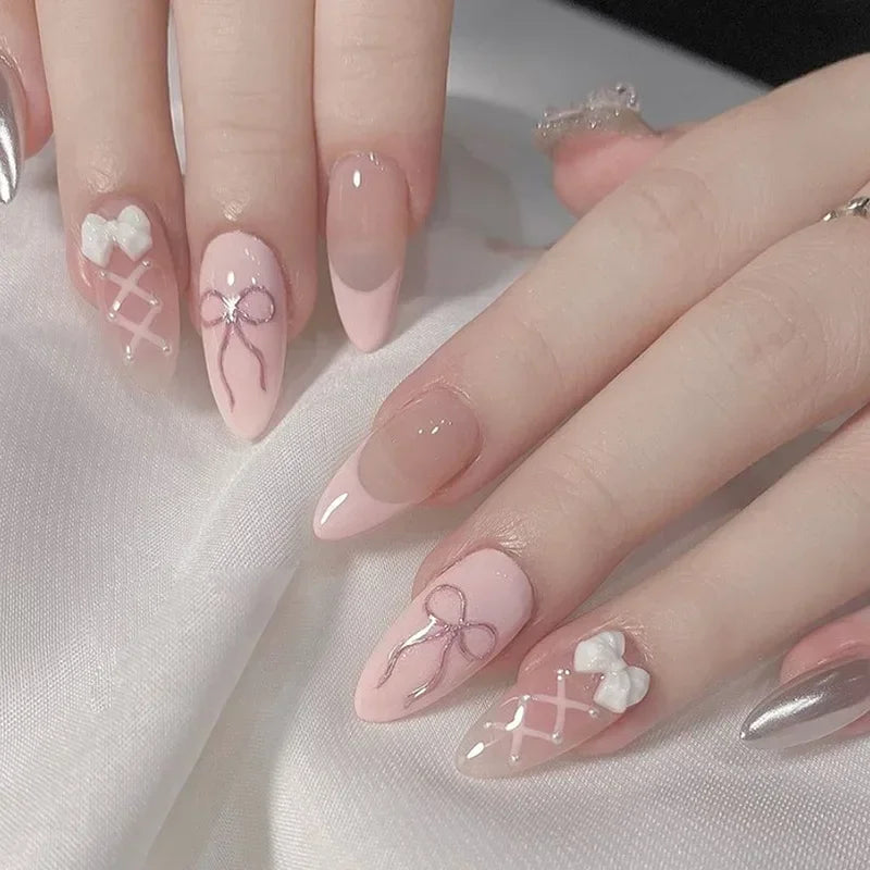 24Pcs Almond Press-On Nails in Pink Cat Eye with Heart & Strawberry Designs – Glossy Acrylic Stick-On Nails for Women & Girls