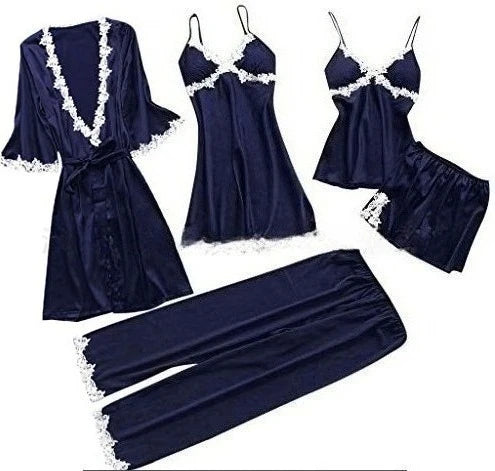 Pajamas Five Piece Set Sexy Lace Trim Nightgown Nightwear Spring Summer Women Bath Robe Loose Satin Home Wear Pijamas Suit