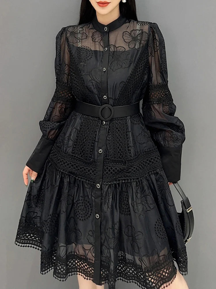 Luxury Women Lace Shirt dress White Black  New Vintage embroidery Lantern sleeve dresses with belt Sexy clothes INKEO 4D062