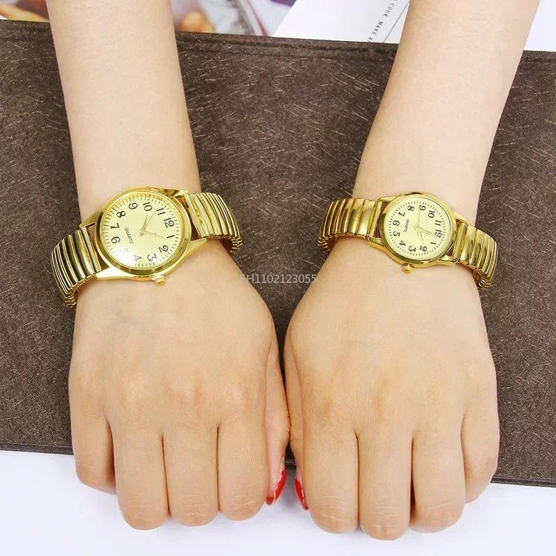 Relojes de pulsera para hombre y mujer, correa de acero inoxidable, aleación, para amantes, movimiento de cuarzo, correa elástica