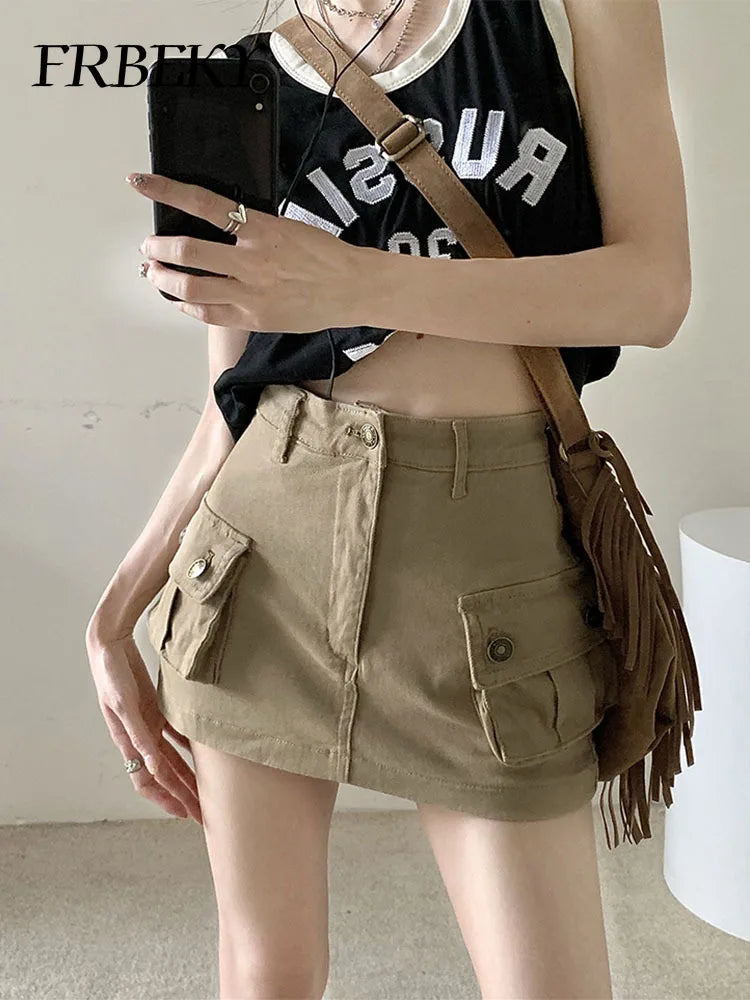 Women's Skirt Autumn New Denim Khaki Work Skirt Skinny American Half-body High Waist A-line Skirt Pocket A Line Sexy Dress