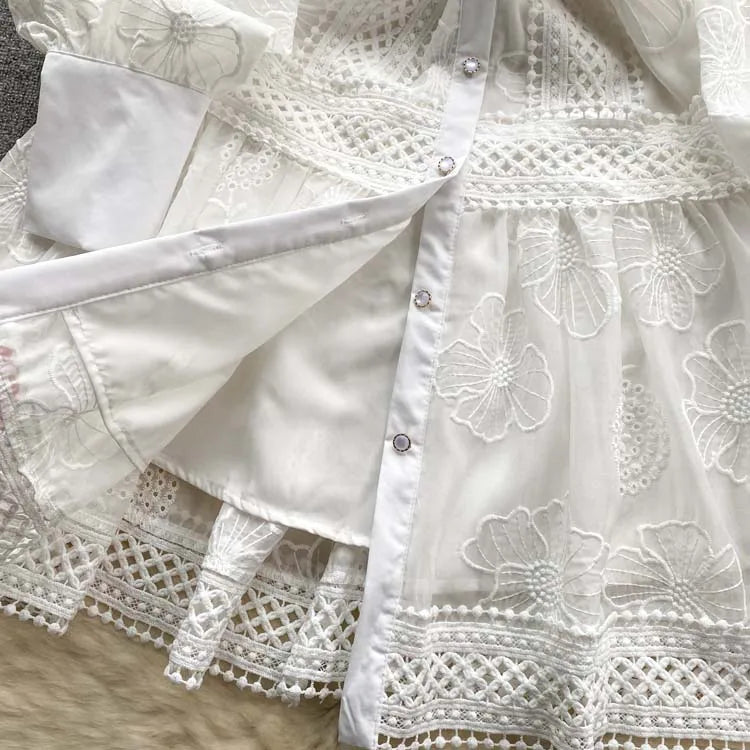 Luxury Women Lace Shirt dress White Black  New Vintage embroidery Lantern sleeve dresses with belt Sexy clothes INKEO 4D062
