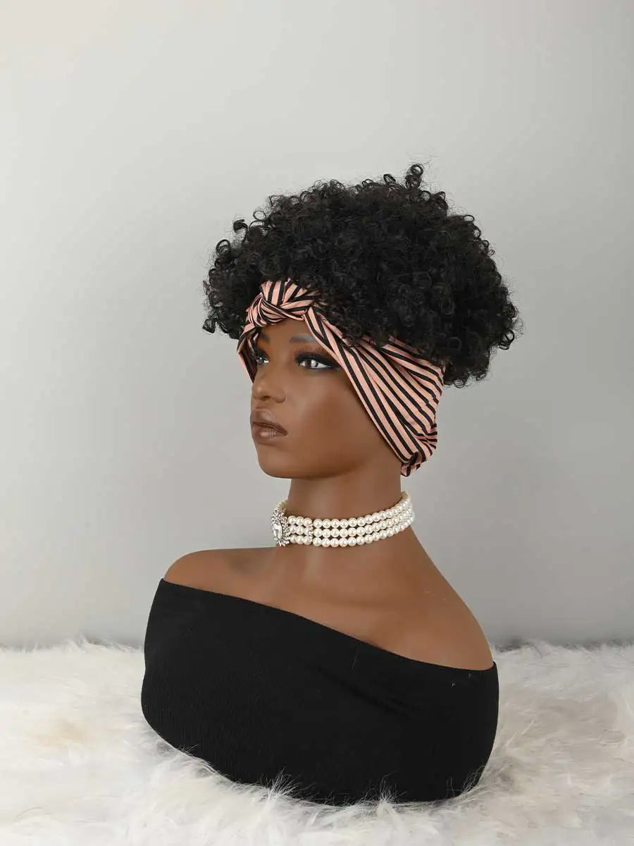 Headband Wig Curly Headband Wig With Bangs For Women Synthetic Afro Curly Hair Wig With Headband Attached Short Kinky Curly Afro High Puff With Bangs Stripes Short Red Curly Wigs with Bangs for Women, Natural Wavy Synthetic W
