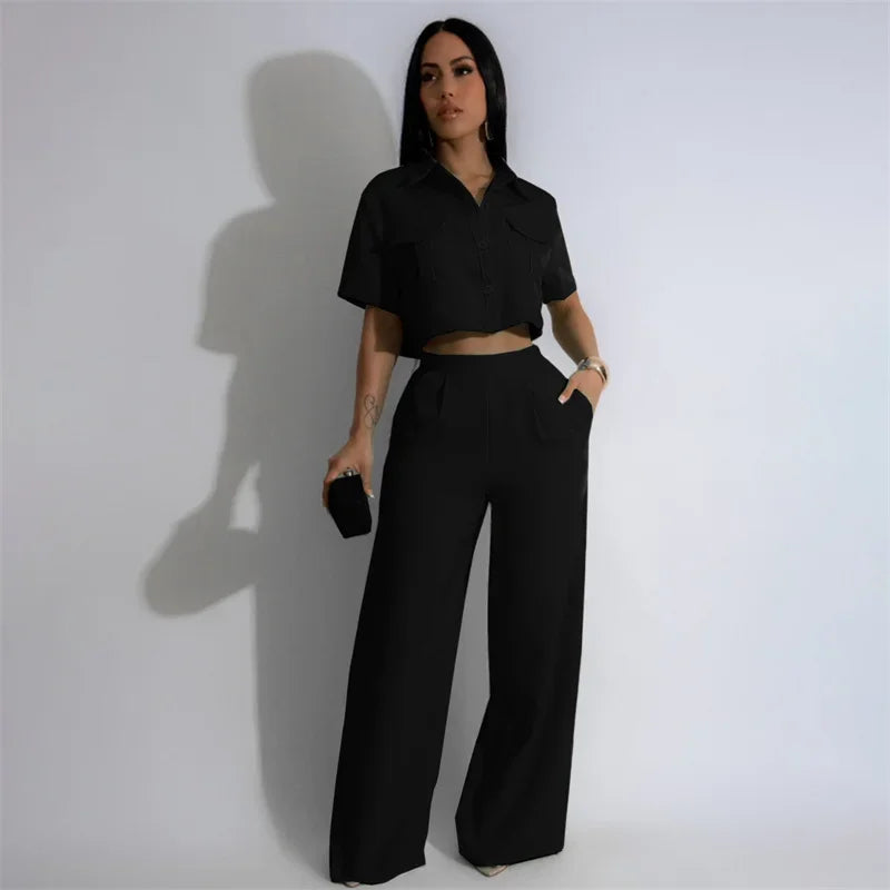 Conjuntos de pantalón elegante sólido de mujer, atuendo de 2 piezas para verano 2024, top de camisa con botones, cuello vuelto y bolsillos, y traje de pantalones de pierna ancha