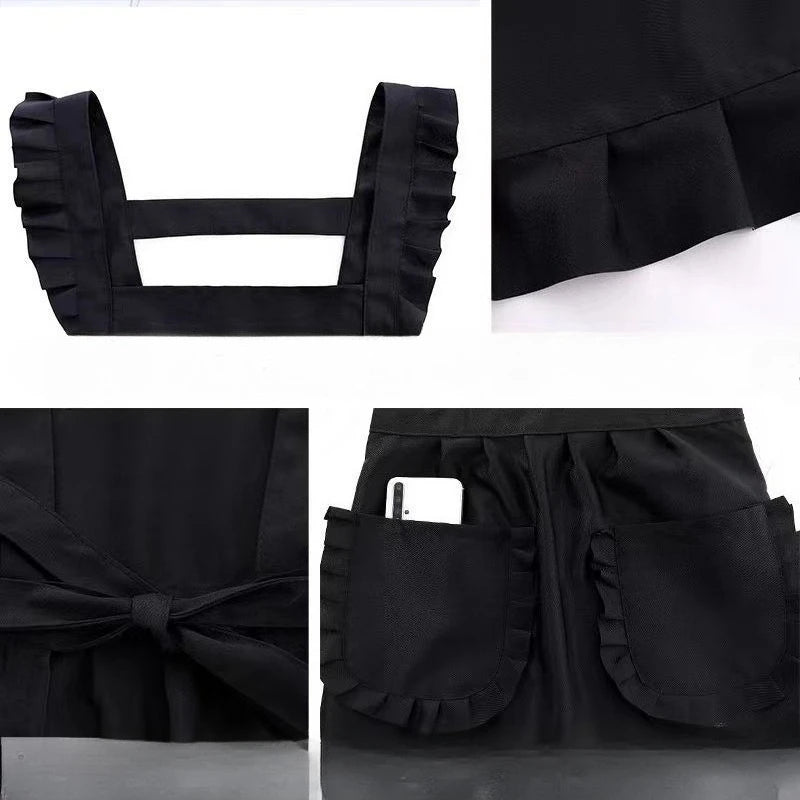 Tablier de cuisine coréen - Tablier de style princesse, bretelles réglables au cou et à la taille avec poches adaptées à la cuisine et aux studios de manucure