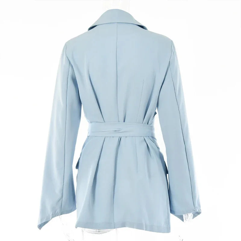 Elegant Trousers Suit Women Slim V-neck Pockets Blazer Full Sleeve Belt Straight Pants Sets Female Solid Sets Lady Spring Autumn
