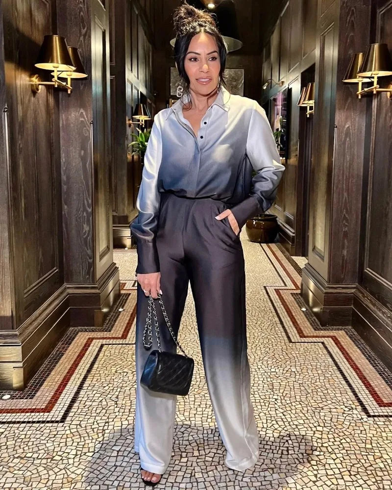 Elegant Women Two Piece Pants Set Casual Fashion Loose Long Sleeve Shirt Top High Waist Wide Leg Pants Suit Outfits Tracksuit