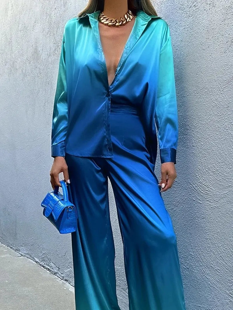 Elegant Women Two Piece Pants Set Casual Fashion Loose Long Sleeve Shirt Top High Waist Wide Leg Pants Suit Outfits Tracksuit