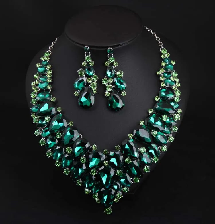 Luxury Super Shiny Colored Gems Crystal Jewelry Set Trendy Necklace Earring Women Wedding Bridesmaid Accessories Gift Wholesale