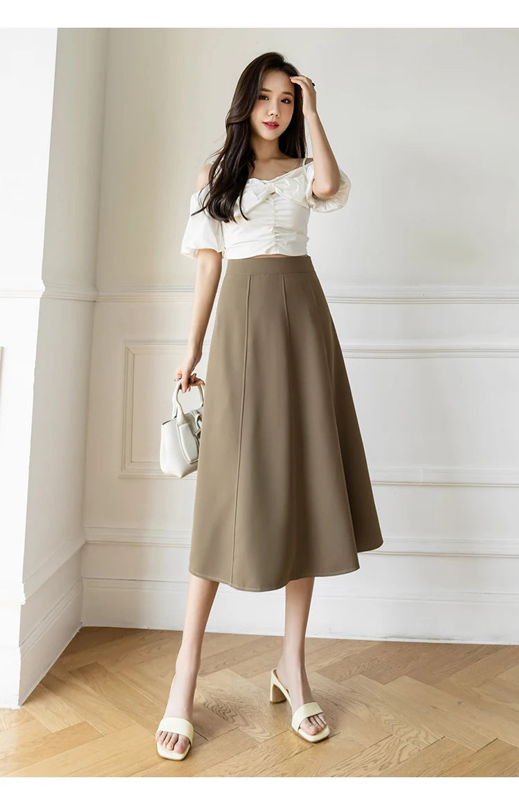 Women's Skirt Spring Women High Waist Solid Vintage Girl's Waist Down Skirt Knee-length A-line Fashion Thin Skirt for Women