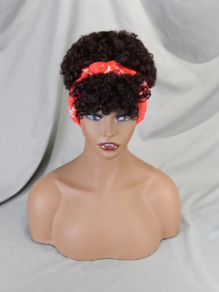 Short Afro Kinky Curly Headband Wig Glueless Ombre Turban Head Wrap Human Hair Wigs For African American Women Daily Cosplay ﻿