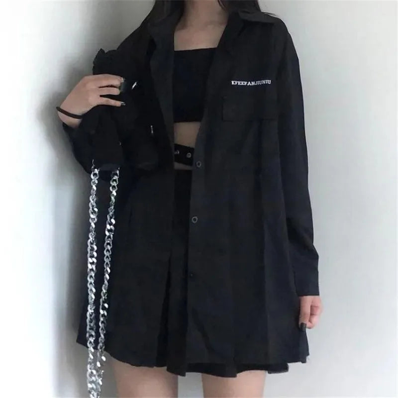 Gothic Skirt Set Long Sleeve Shirt Pleated Skirt 2 Piece Sets Women's Dark Clothes Korean Retro Casual Outfit Fashion Y2k Suit