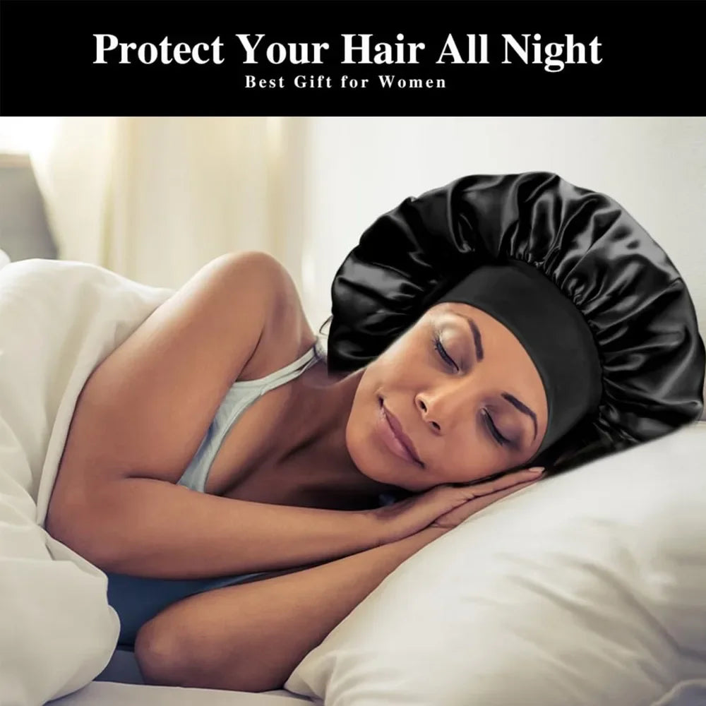 Fashion Bonnet Large Wide Edge Elastic Hat Casual Sports Silk Smooth Suitable for Curled Straight Hair Sleeping Hat Women's men