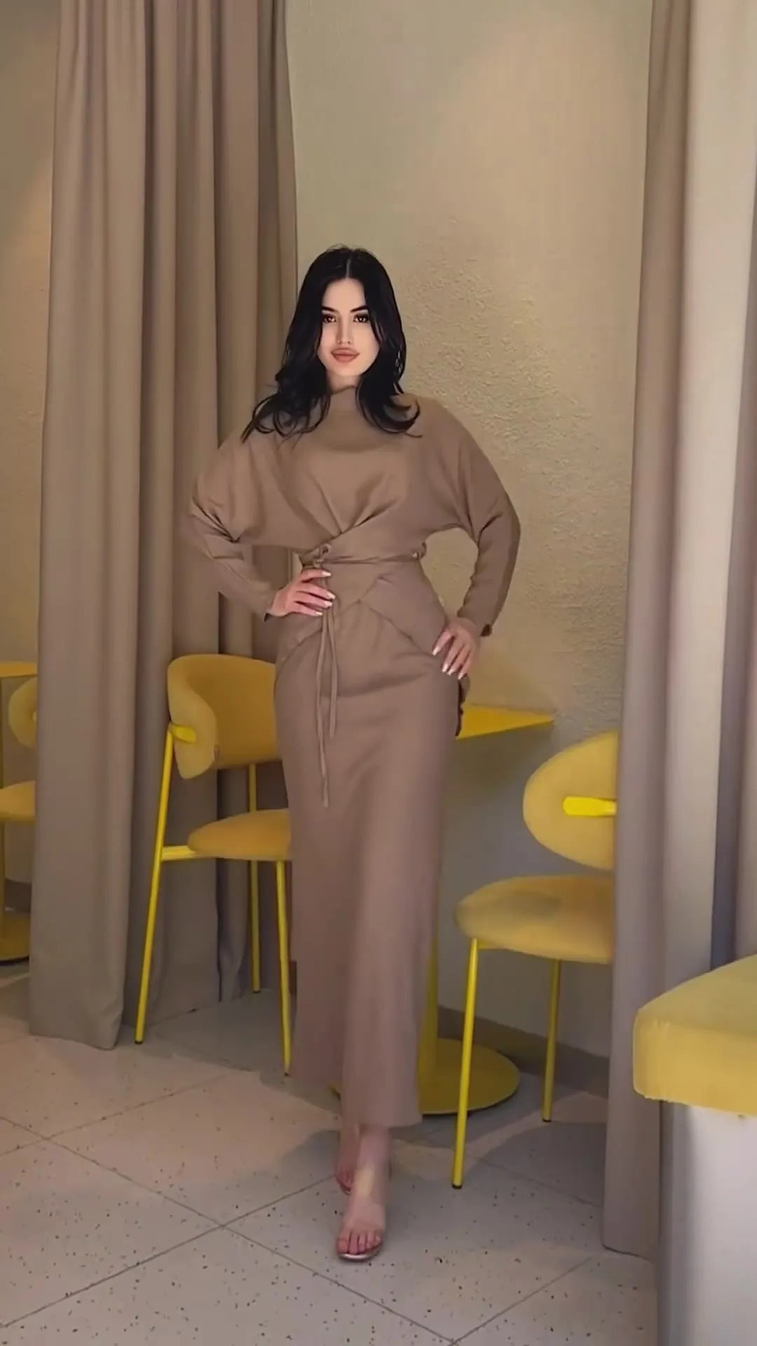 Elegant Loose Midi Skirt Sets Women Satin Cross Lace-Up Long Sleeve Top And Maxi Skirt Set Fall Clothes Chic Office Sets