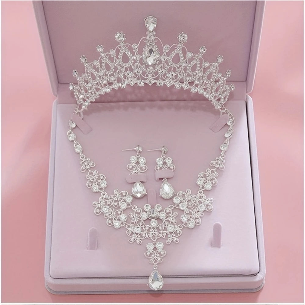 Bridal Jewelry Sets Crown Necklace Earrings Four Pack Silver Colour Women's Fashion Wedding Tiaras(excluding boxes)