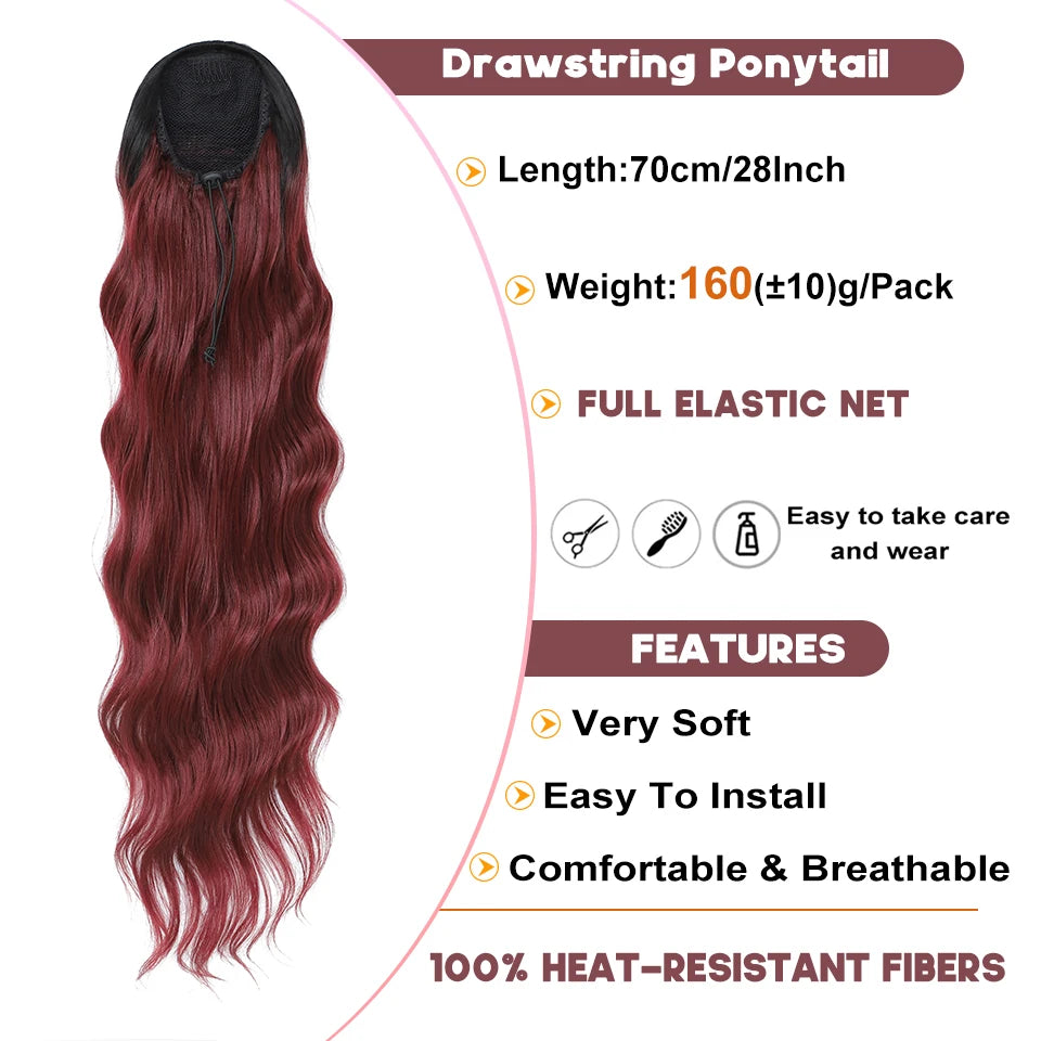Queue de cheval à cordon de serrage de 28 pouces Extensions de cheveux synthétiques pour femmes noires Longue queue de cheval ondulée à clipser haute température pour femme afro