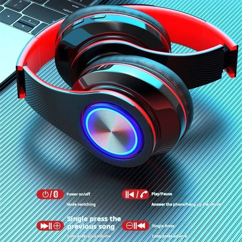 Auriculares de diadema inalámbricos para juegos con Bluetooth, sonido envolvente estéreo, audífonos USB con micrófono, luz colorida para PC y portátil