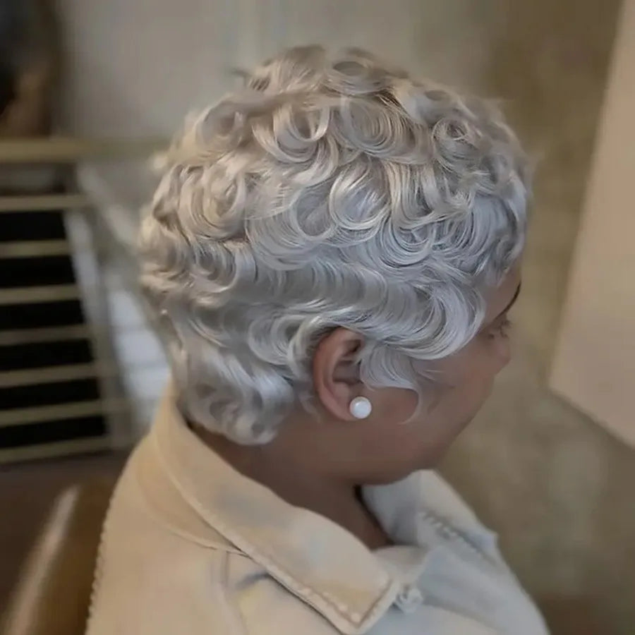 Gray Pixie Human Hair Wig Full Machine Made, Loose Curly Short Pixie Cut with Rose Net Cap, Natural Gray Hair for Everyday