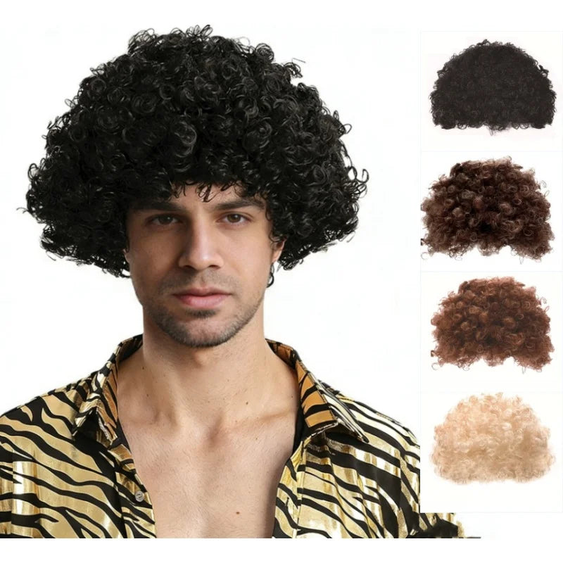 Synthetic Curly Hair Wigs Disco Hippie Rock Punk Afro Wigs Men Women Party Halloween Cosplay Hair Caps Headcover Without Glasses