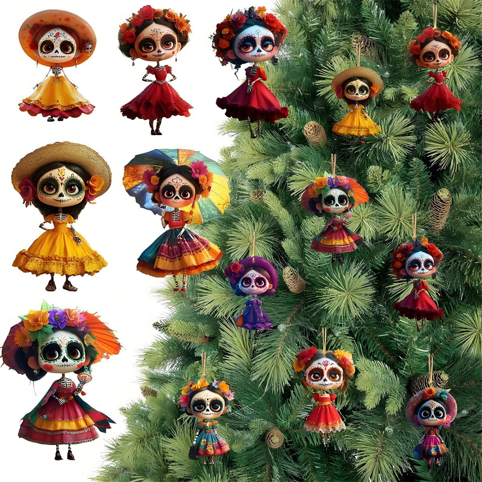 10Pcs Day of the Dead Decoration 3D Colorful Skeletons Hanging Ornaments for Dia de los Muertos Celebration and Halloween Party