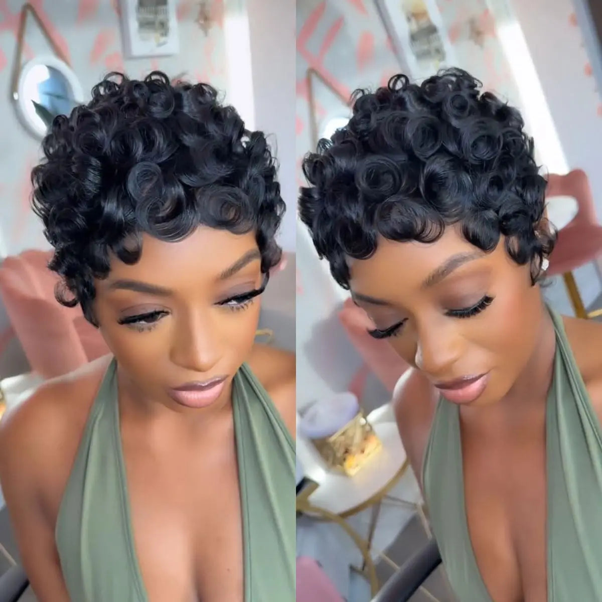 Natural Black Brazilian Curly Pixie Cut Human Hair Wig, Glueless Short Layered Wig With Bangs, Comfortable Breathable Real Human Hair, Easy Wear No Glue Design, Stylish Hairstyle Accessory for Women Daily Party Travel Photogr