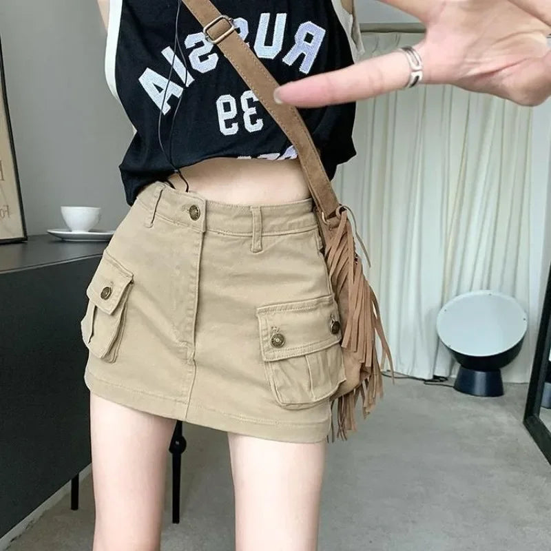 Women's Skirt Autumn New Denim Khaki Work Skirt Skinny American Half-body High Waist A-line Skirt Pocket A Line Sexy Dress