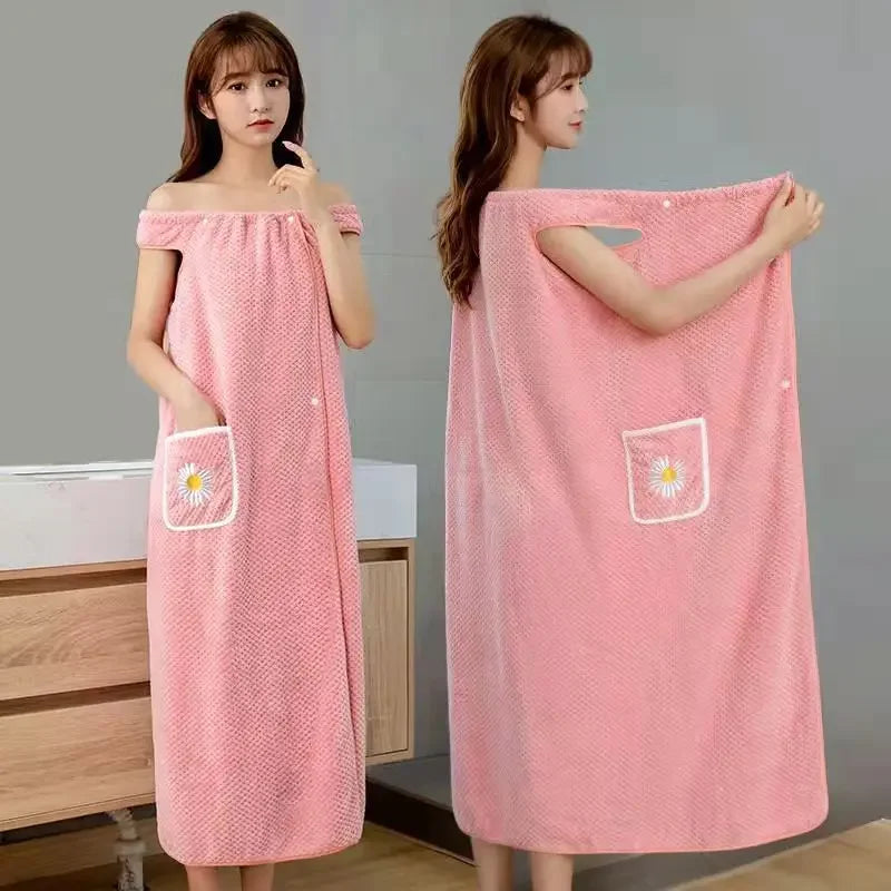Toalla de baño para el hogar, ropa de mujer, adultos, absorbente de agua, de algodón puro, para secar el cabello, falda, estilo largo, bata de baño lavable