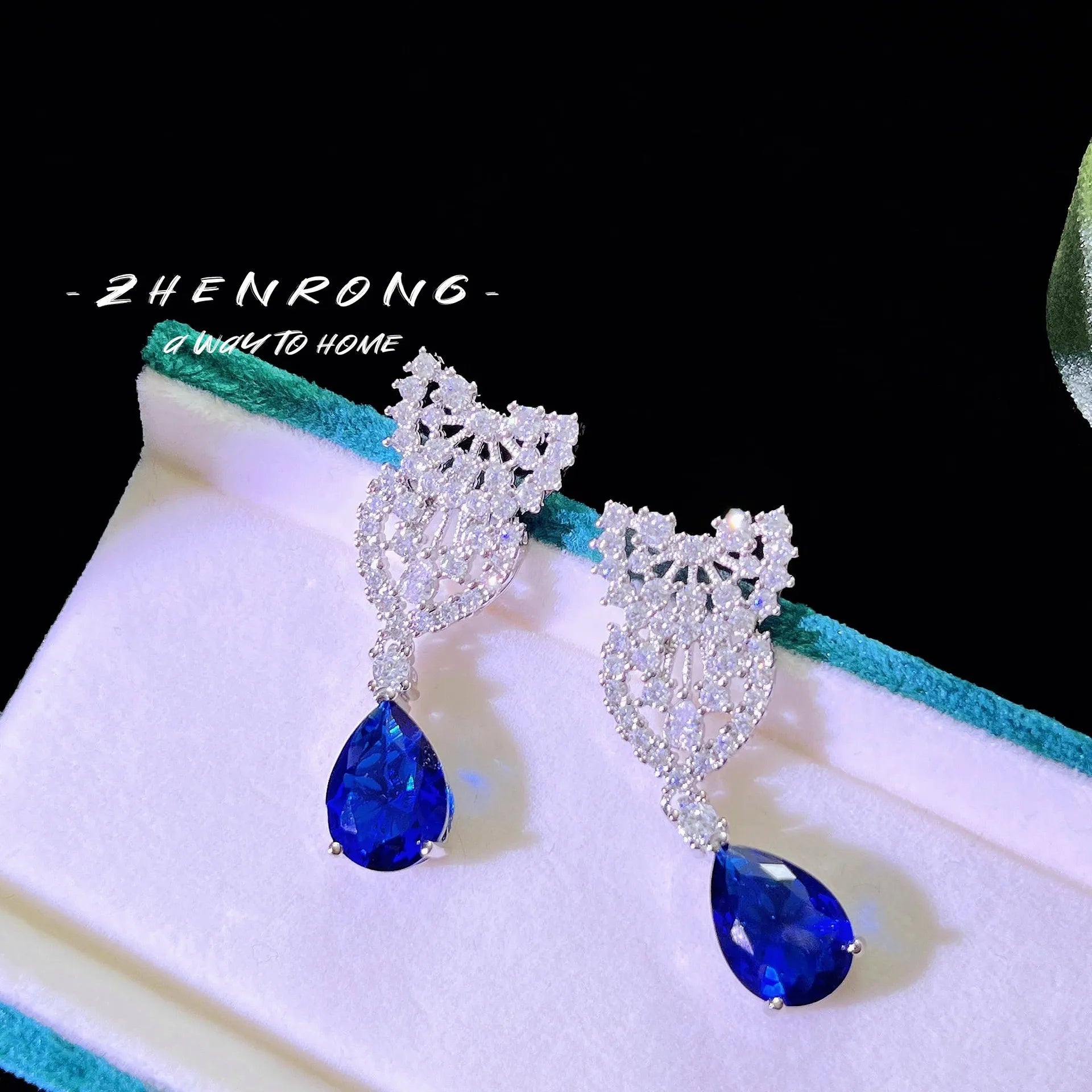 Luxury Designer Jewelry Choker Necklaces Earrings Sets Water Drop Blue Sapphires Silver Color Wedding Bride Women Accessories