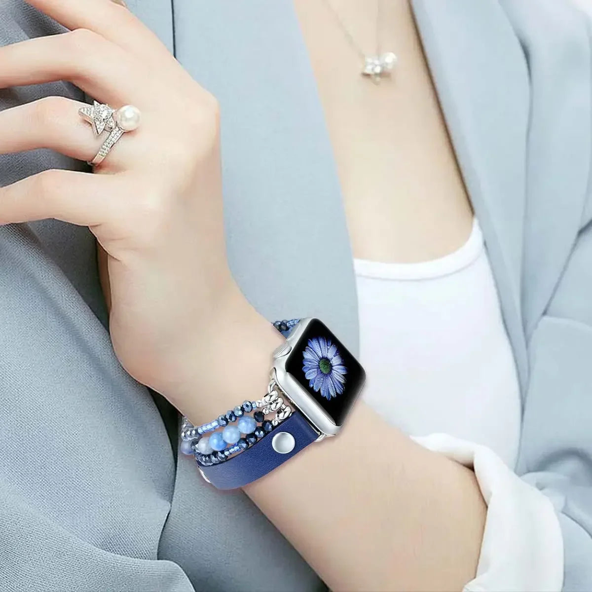 Lady Strap for Apple Watch Ultra 2 Band 49mm 40mm 46mm 41mm Women Elastic Beaded Bracelet Iwatch Series 10 9 8 7 6 SE 5 45mm