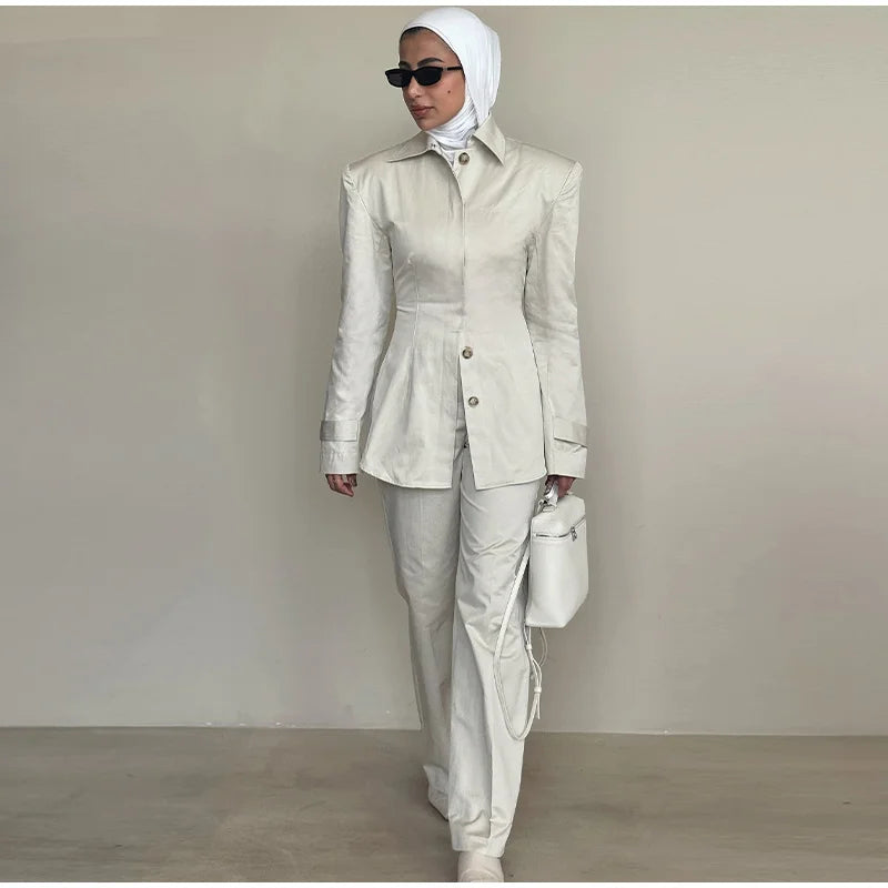 Chic Single Breasted Pants Sets Women Lapel Full Sleeve  Slim Waist Tops Straight Pants  Autumn Lady Street Commute Suits