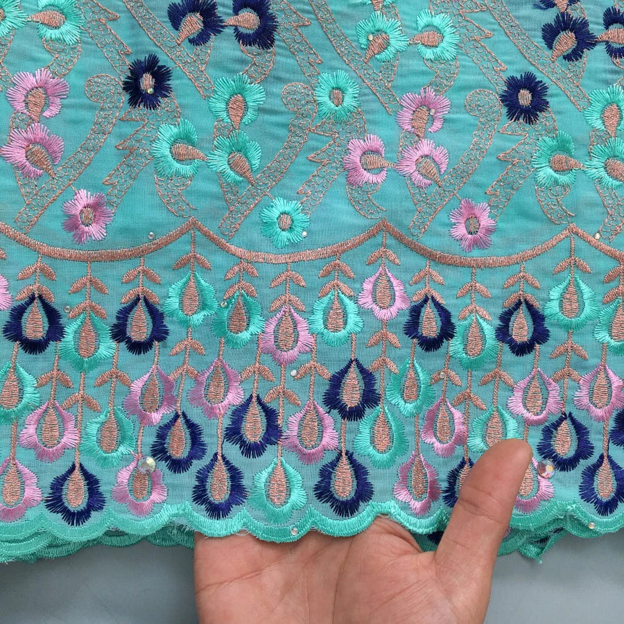 Kalume Swiss Voile Embroidery Lace Fabric 5Yards Cotton Lace with Rhinestones Nigerian for Sew Ladies Wedding Dress F4209