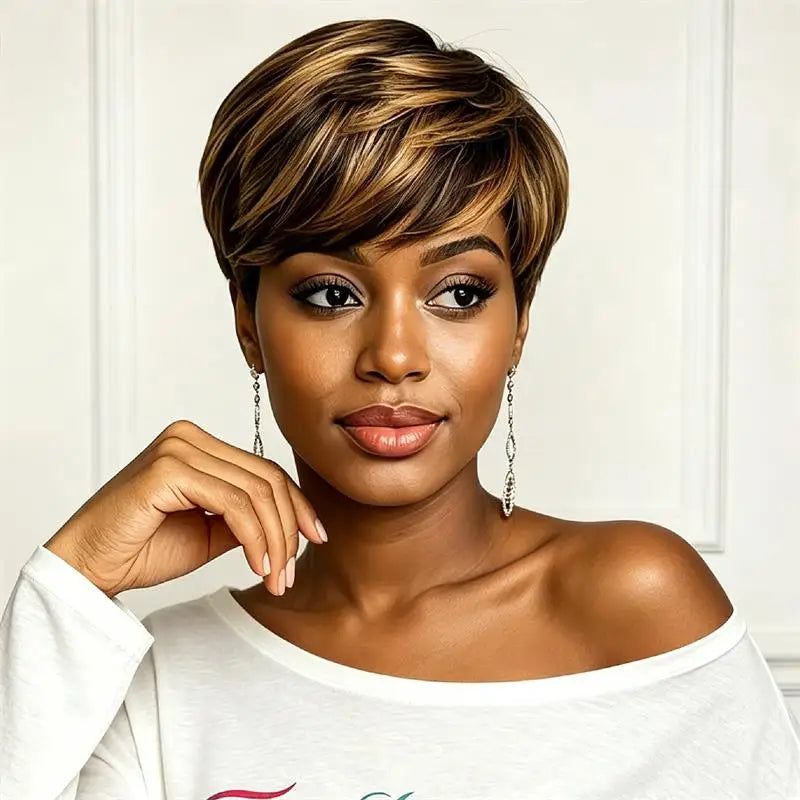 Pixie Human Hair Wig Full Machine Brown Blonde Highlight Layer Short Cut Wig For African American Ladies Daily Dating Styling