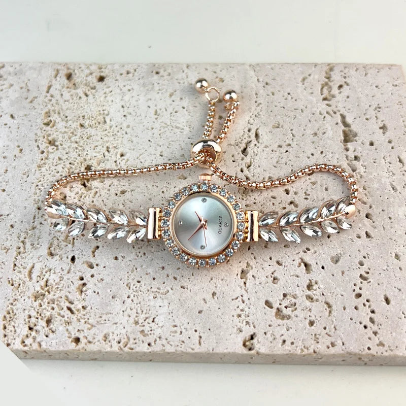 New fashion diamond-encrusted leaf round women's watch simple dial freely adjust cross-border gift watches