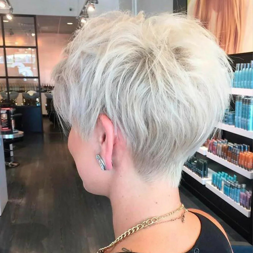 Pixie Cut Human Hair Wig Short Grey Layered Pixie Cut Curly Wigs With Bangs  Natural Brazilian Human Hair Full Machine Made Wig
