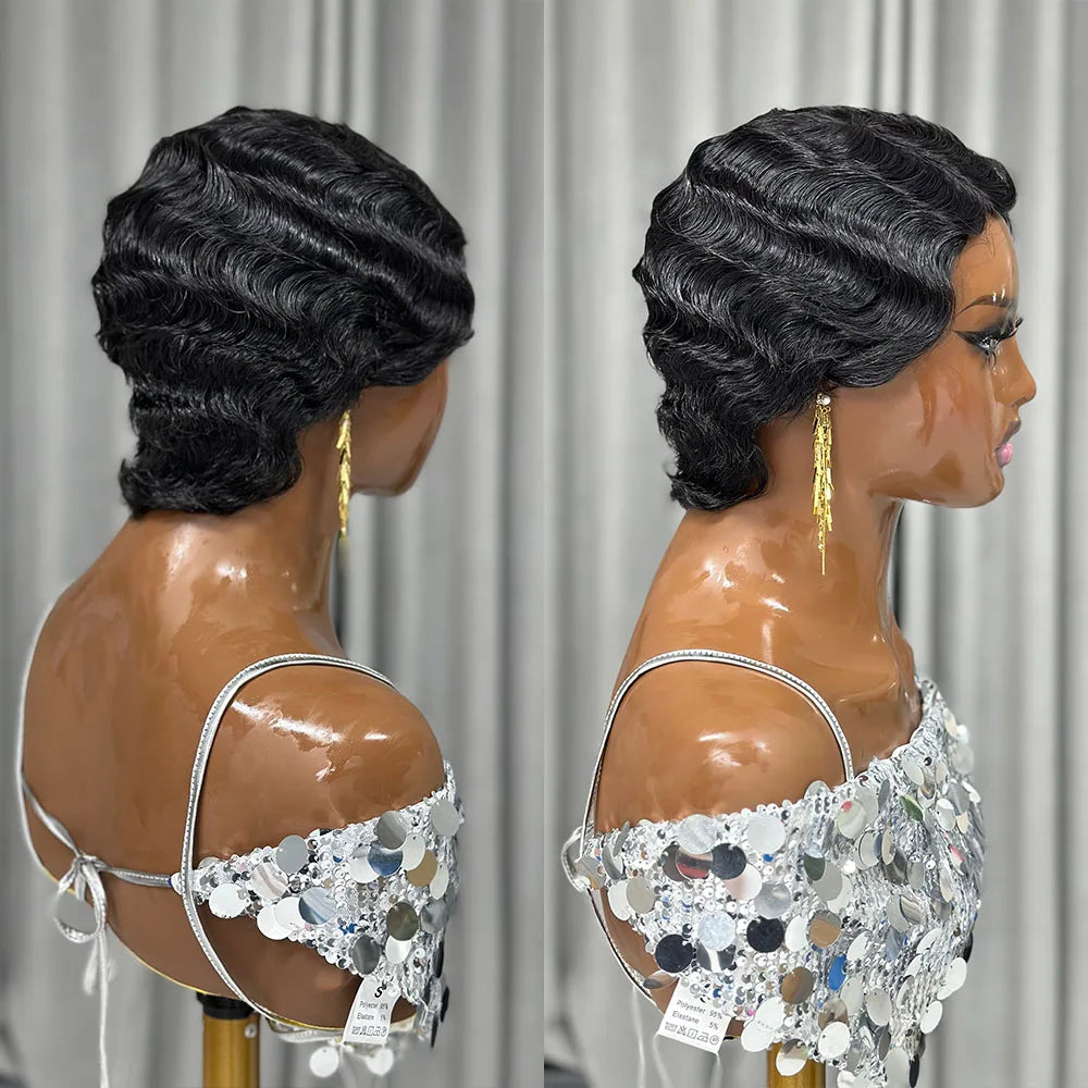 Short Human Hair Wigs for Women Ocean Finger Wave Pixie Cut Wig Human Hair