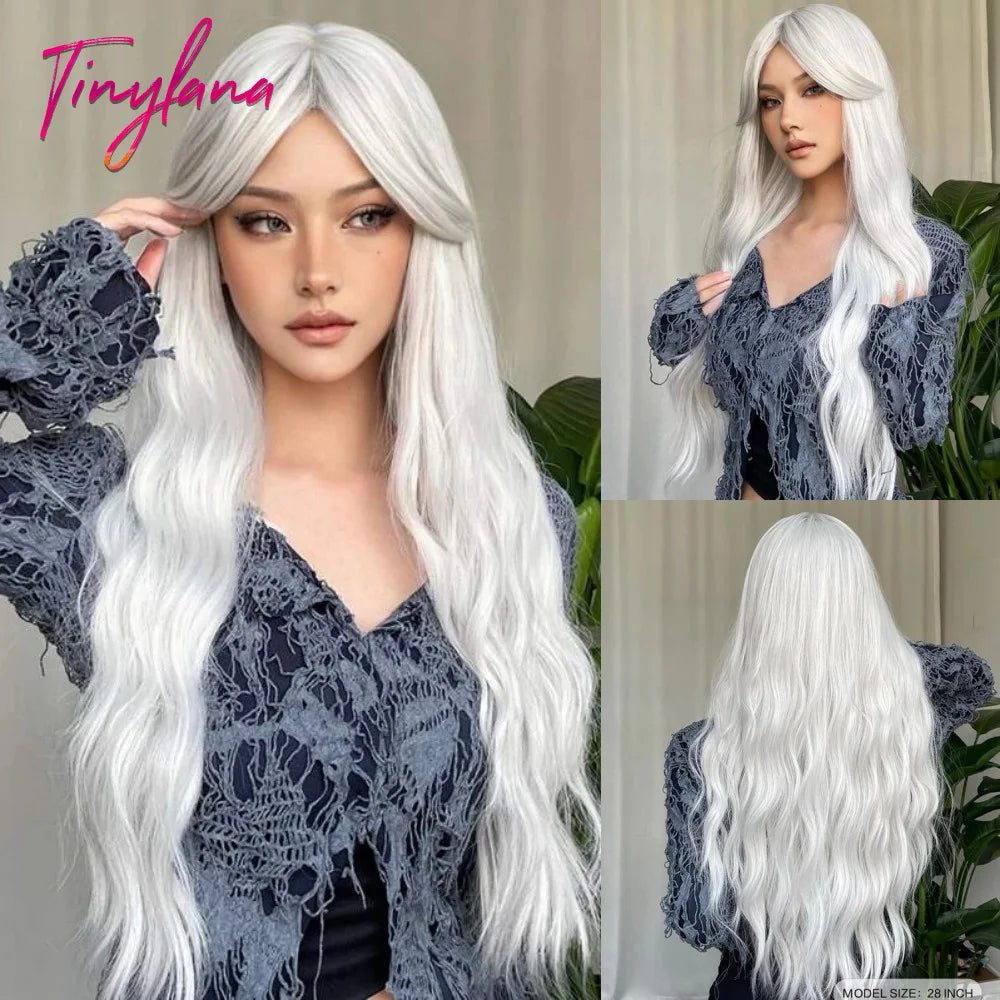 Perruques synthétiques longues et bouclées blanc platine avec frange pour femmes, perruque ondulée Afro Cosplay Lolita, cheveux naturels résistants à la chaleur, pour usage quotidien