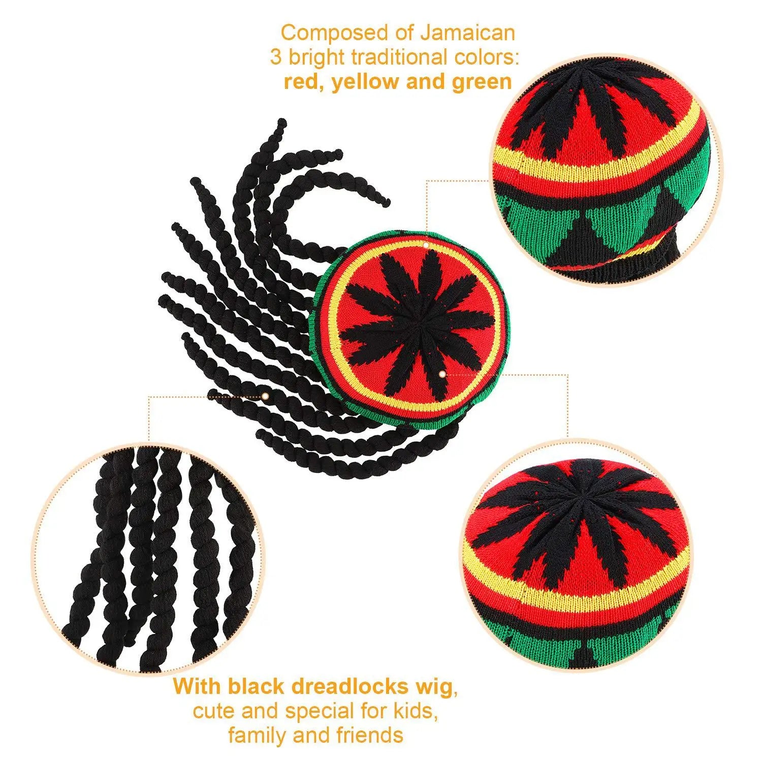 Unisex Synthetic Wig Knit Braid Hat Jamaican Bob Rasta Beanie Cap Dreadlocks Wig Bob Marley Caribbean Hip Hop Cosplay Headwear