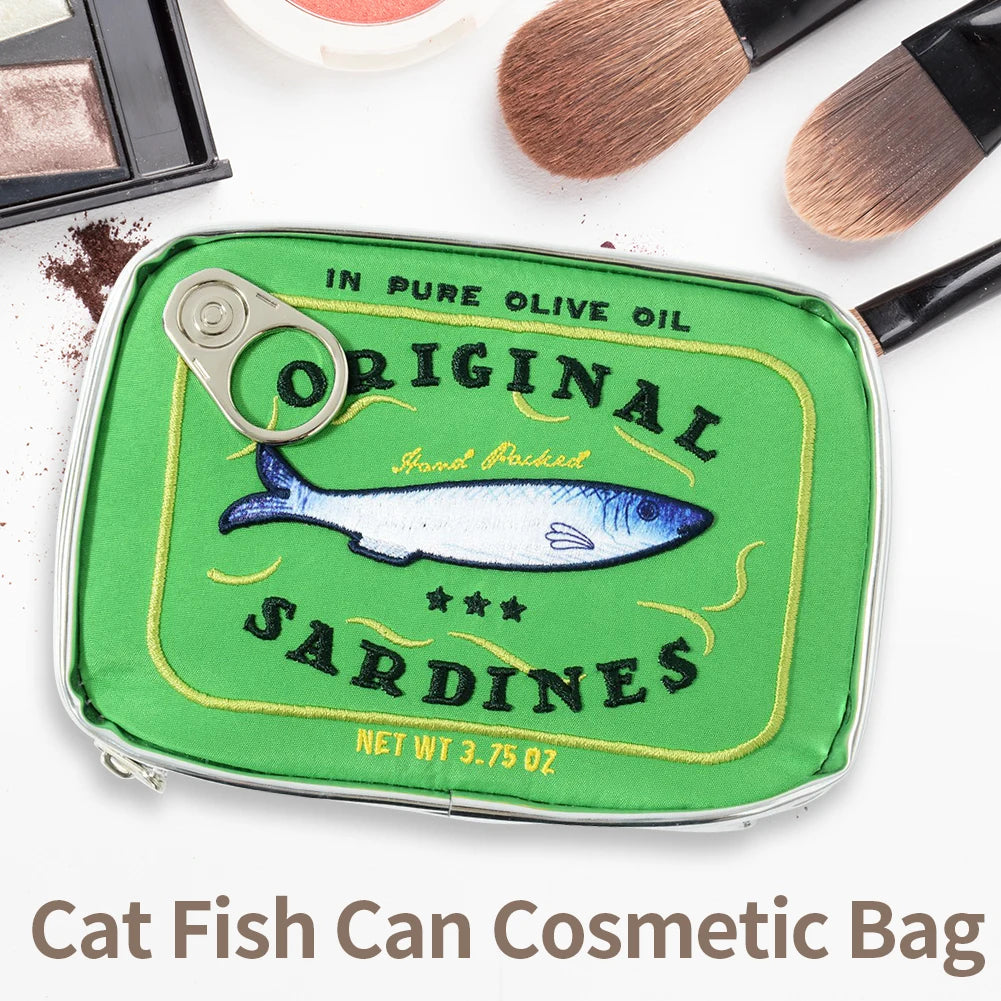 Bolsa de cosméticos única de sardinas enlatadas, bolsa de aseo portátil, bolsa de maquillaje con cremallera de moda para mujer, bolsa de viaje para hombre para vacaciones