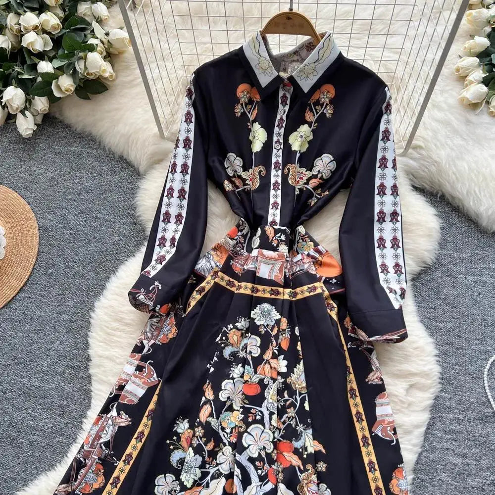 Fashion High-End Feeling Gown Dress Elegant European Court Style Long Printed Slimming New Women's Design Sensation Retro Summer
