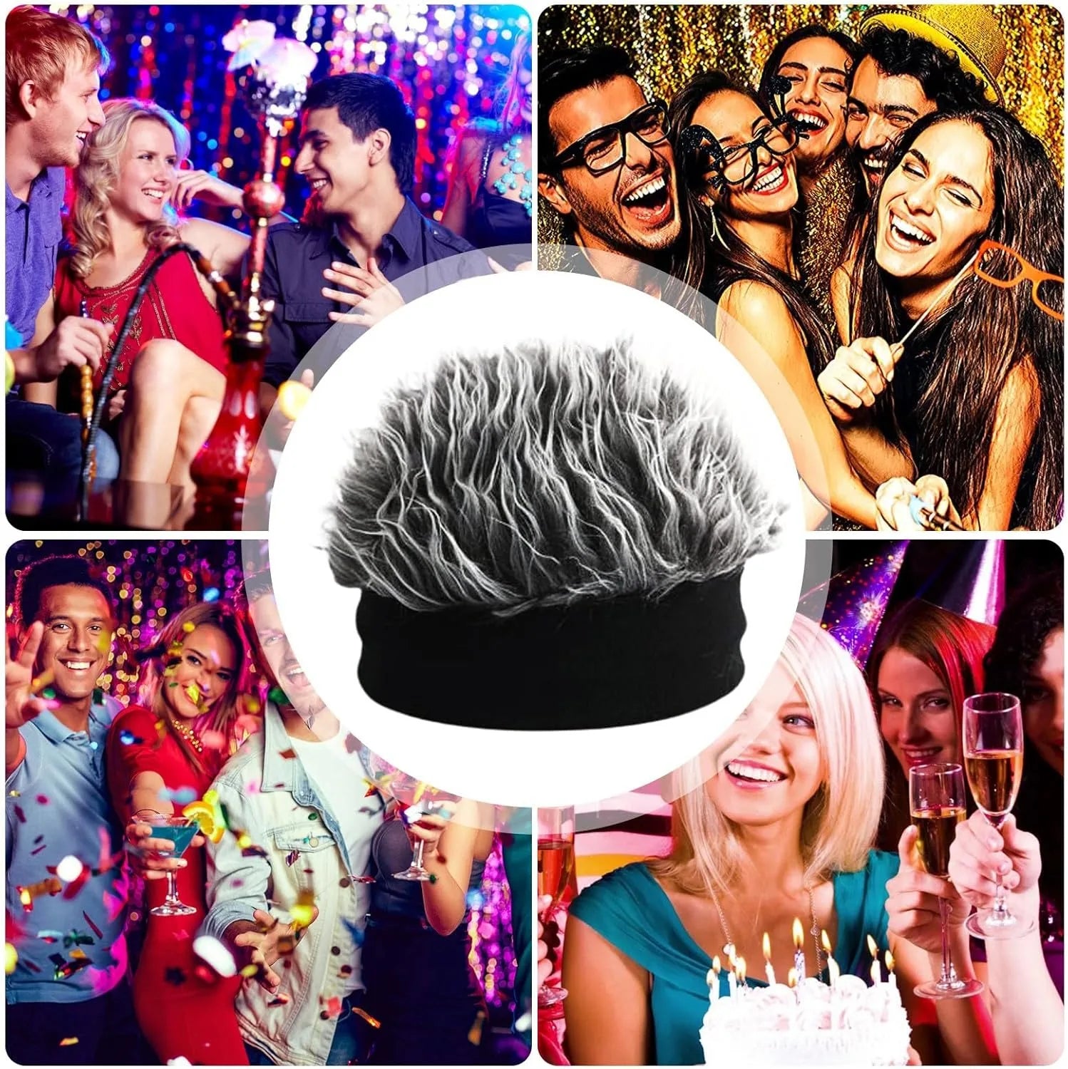 Gorro de punto unisex con pinchos y pelo falso para hombres y mujeres, gorro de peluca divertido integrado con pelo liso gris y de punta, gorro de diadema elástico estilo Hip Hop, divertido accesorio para la cabeza para fiesta, cosplay y uso diario