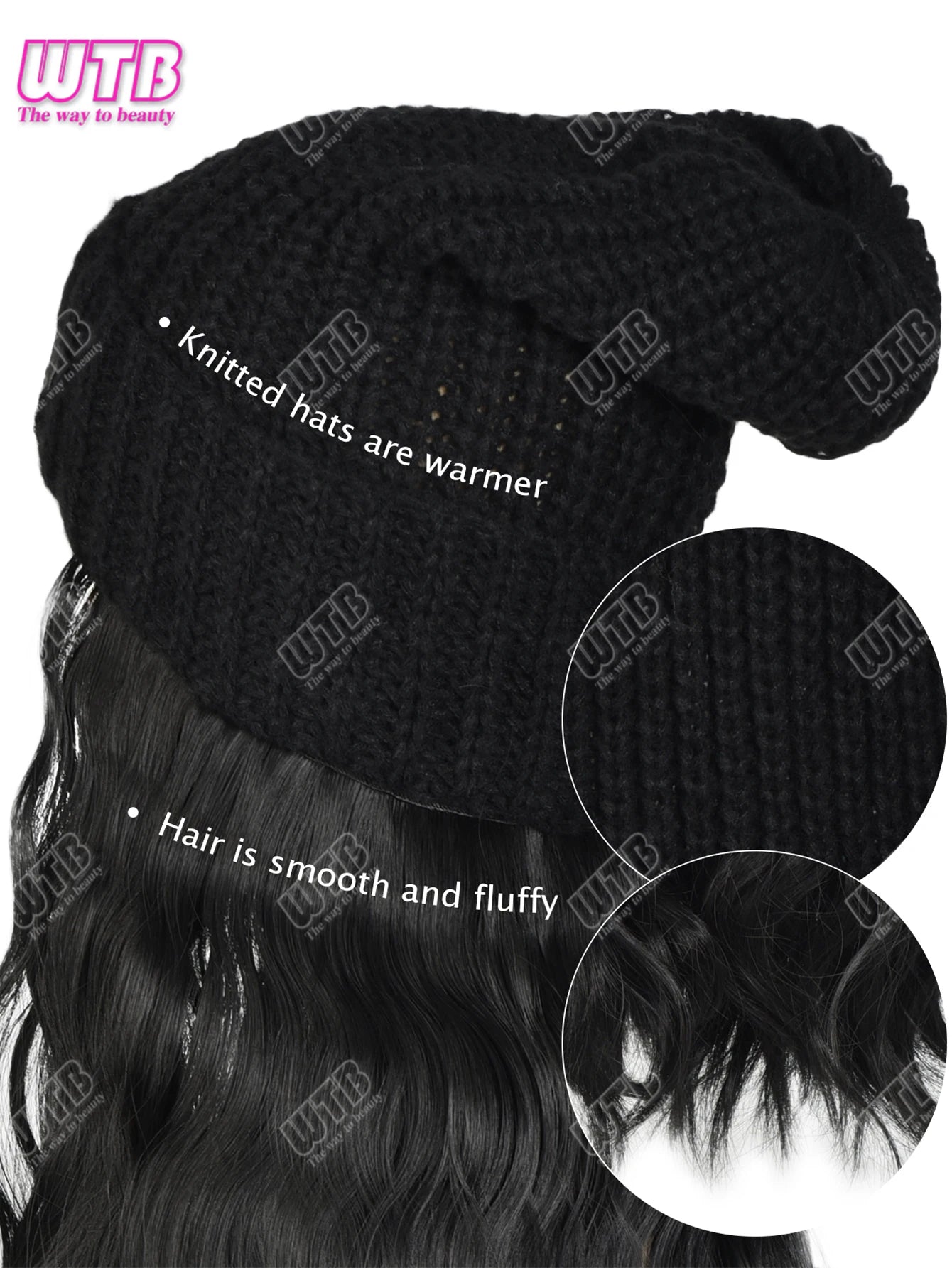 Synthetic Wig Black Hat With Long Curly Hair Extensions; Knitted Hat; Warm Ski Hat For Autumn And Winter
