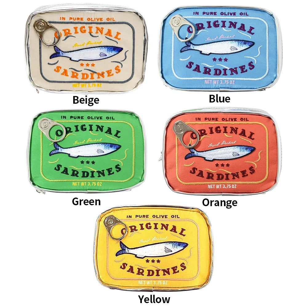 Bolsa de cosméticos única de sardinas enlatadas, bolsa de aseo portátil, bolsa de maquillaje con cremallera de moda para mujer, bolsa de viaje para hombre para vacaciones