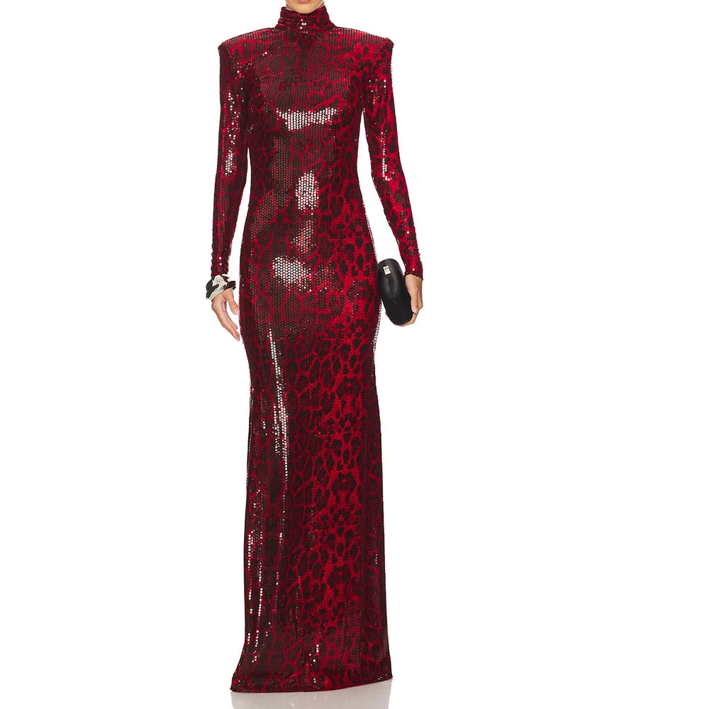 Luxury Sequined Leopard Print Evening Dress for Women 2025 Fashion Long Sleeve High Neck Backless Gowns Sweep Train Dress