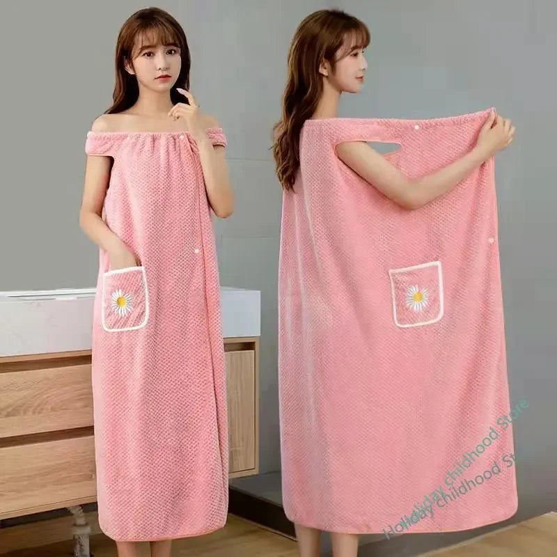 Toalla de baño para el hogar, ropa de mujer, adultos, absorbente de agua, de algodón puro, para secar el cabello, falda, estilo largo, bata de baño lavable